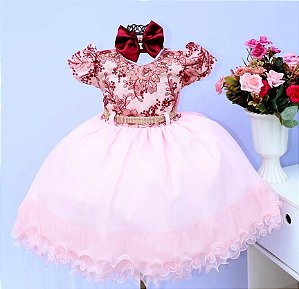 Vestido Rosa / Peito de Renda Marsala